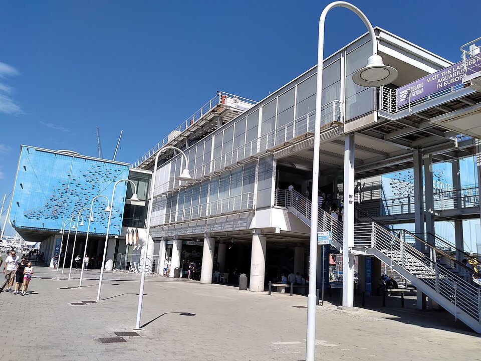 The long glazed flank of the aquarium building from the waterfront