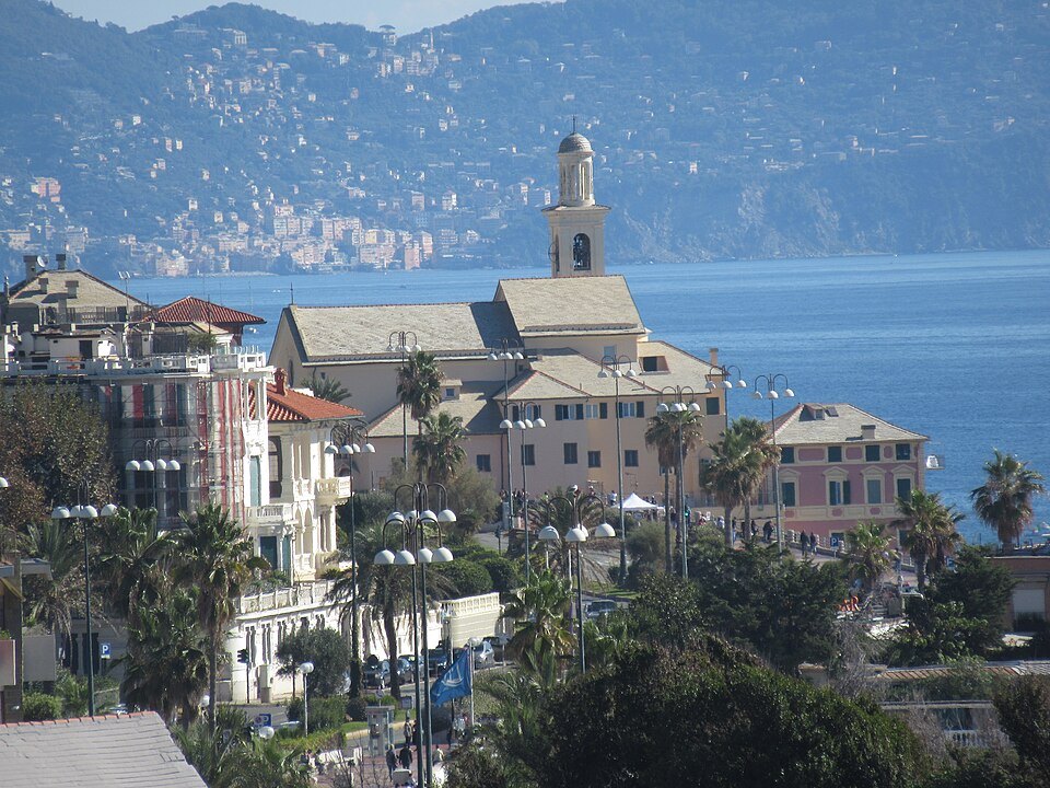 Boccadasse from the coast road, with the church tower above the cove