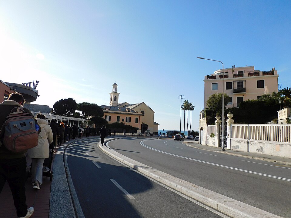 The seafront road above Boccadasse, with the church tower ahead