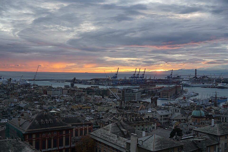 Sunset over the port and the roofs, from the Belvedere Luigi Montaldo