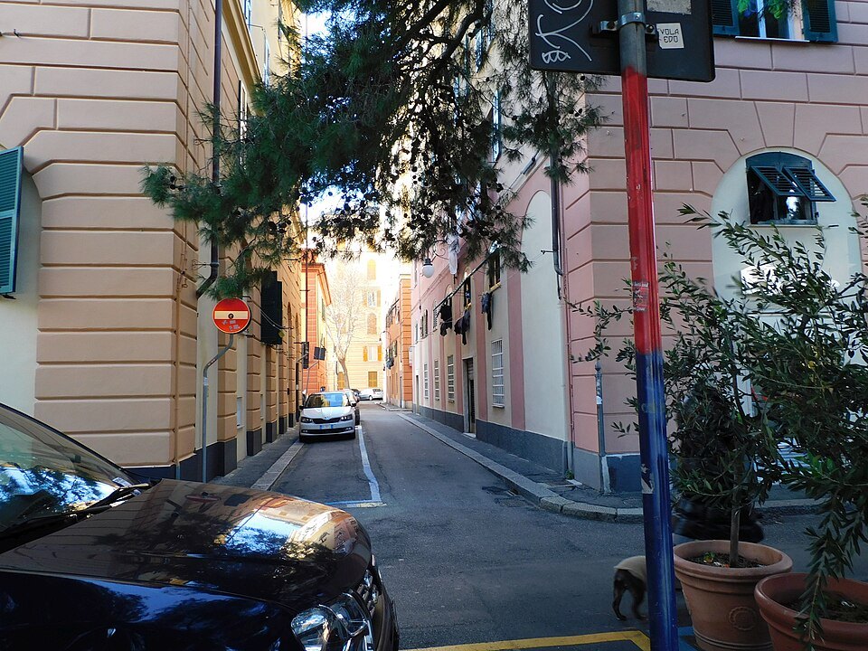 A corner in Castelletto, the hillside streets stepping down behind