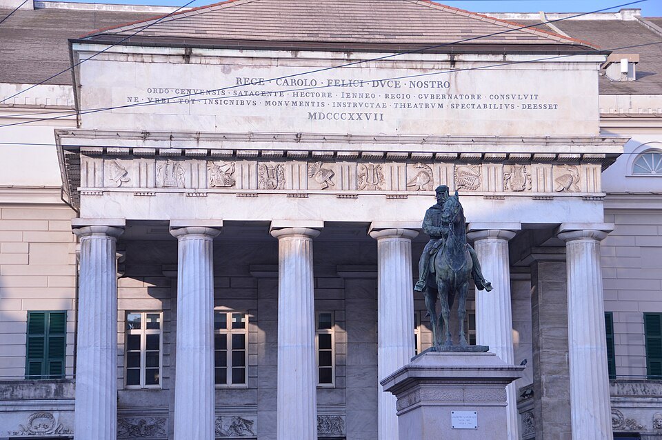 The theater's portico, the equestrian statue standing before its steps