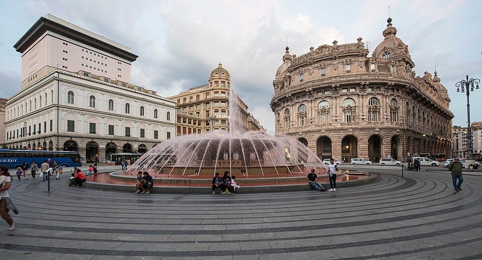 The Carlo Felice's portico beside the fountain of Piazza De Ferrari