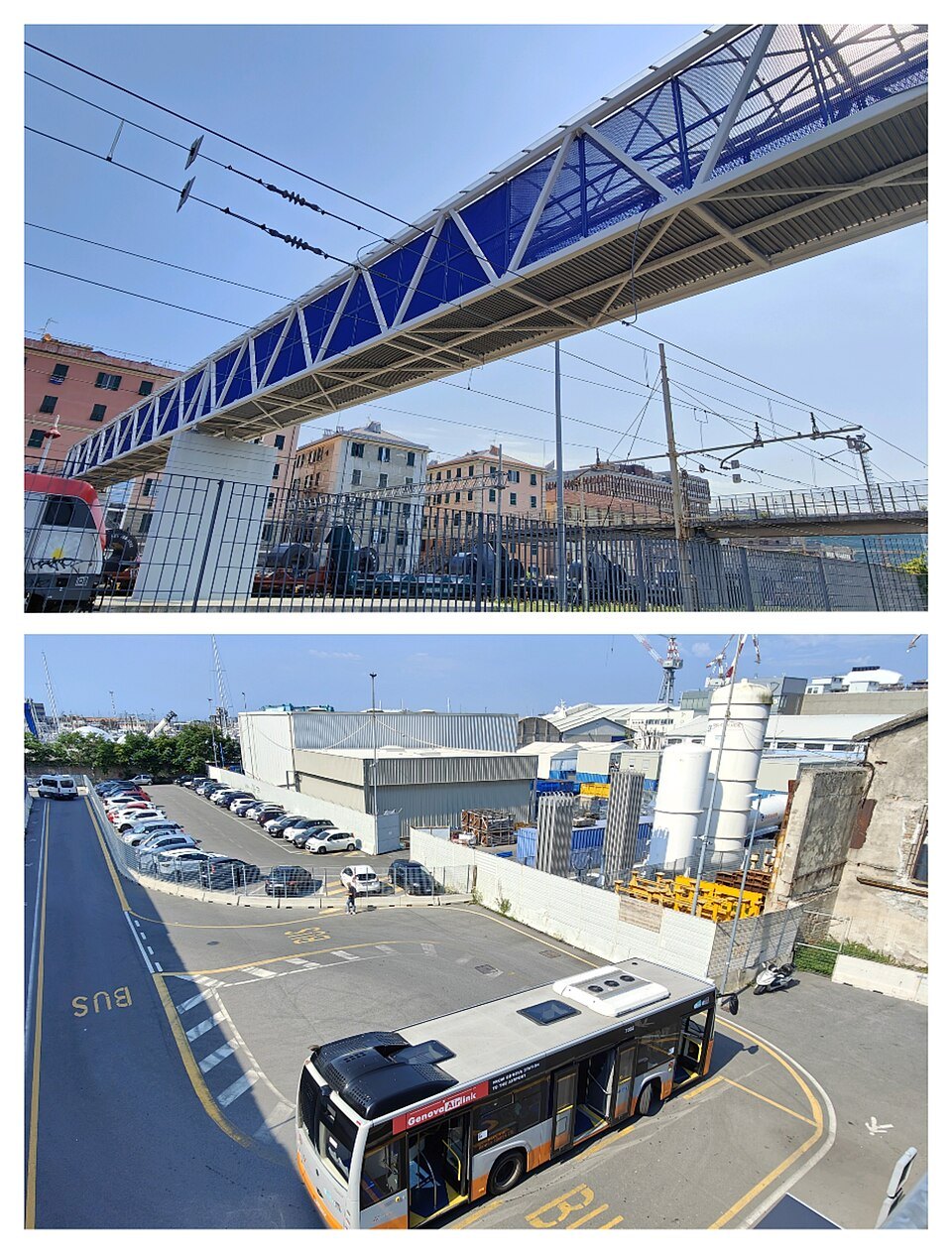The airport footbridge and the shuttle bus stop below it