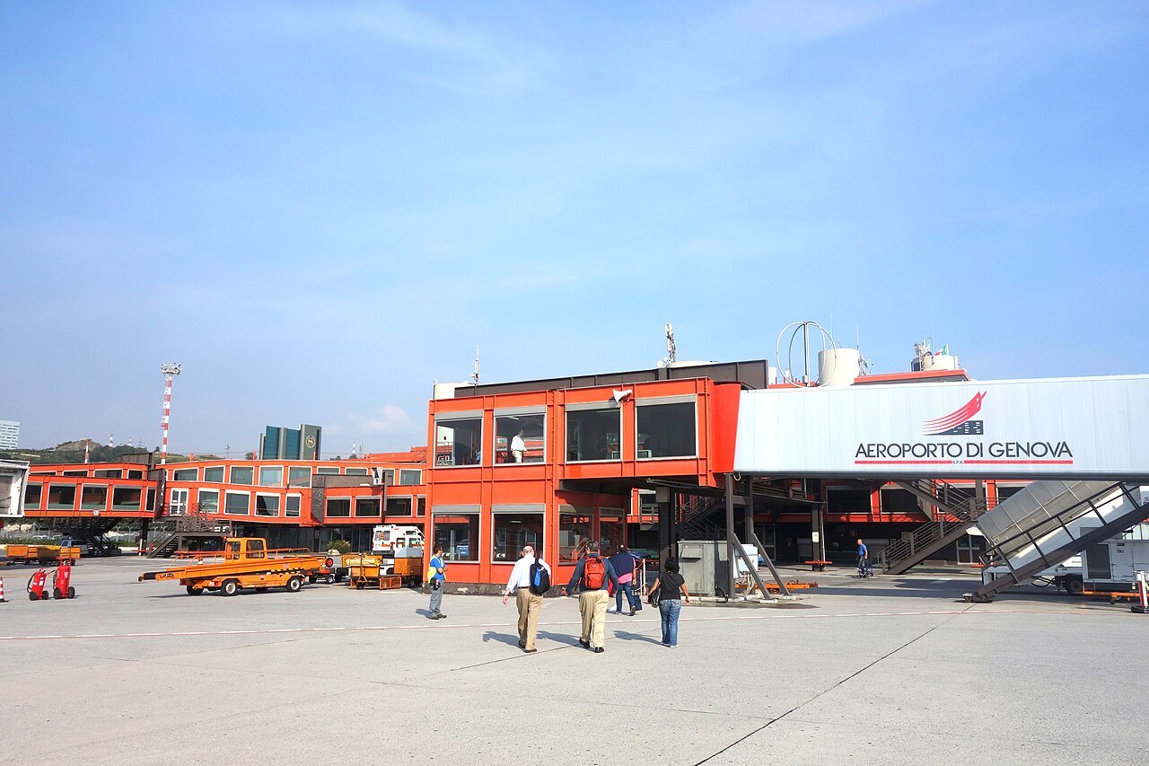 The terminal building at Genoa airport, with the apron in front