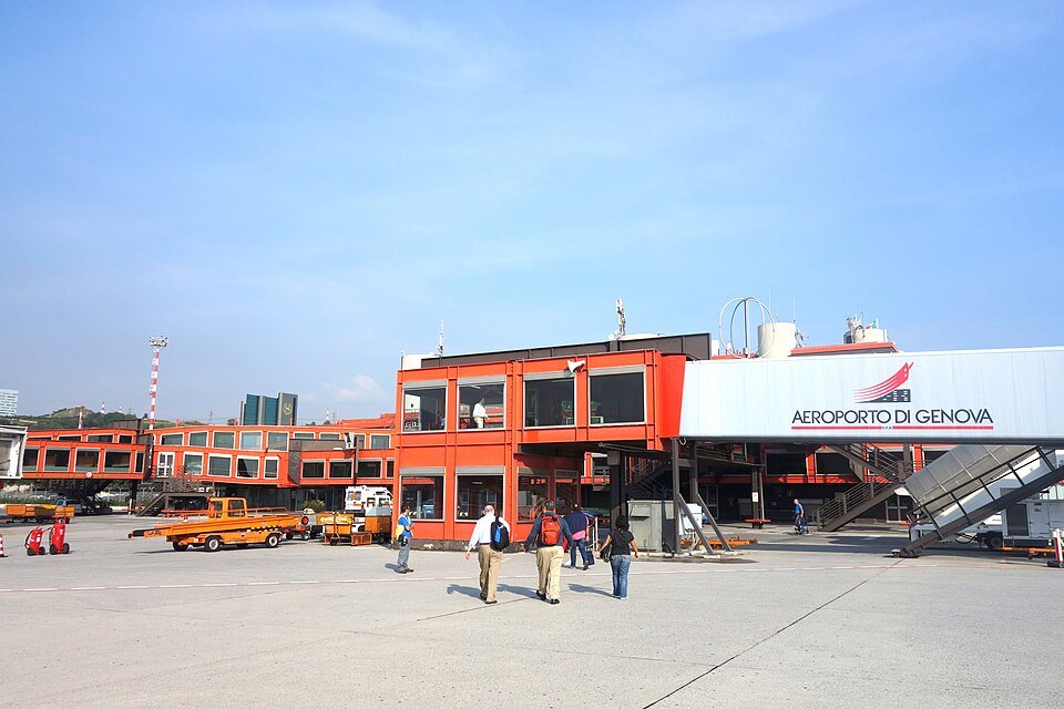 The terminal building at Genoa airport, with the apron in front