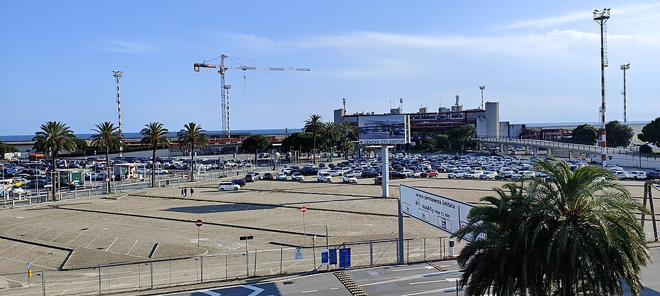 The terminal at Genoa's Cristoforo Colombo airport, with its car park in front