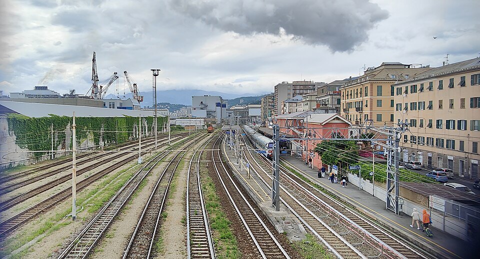 The tracks at Sestri Ponente, the port cranes rising behind