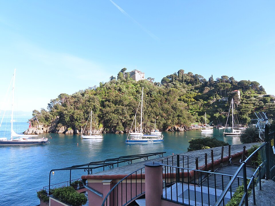 The point at Portofino from the coast path, yachts in the inlet