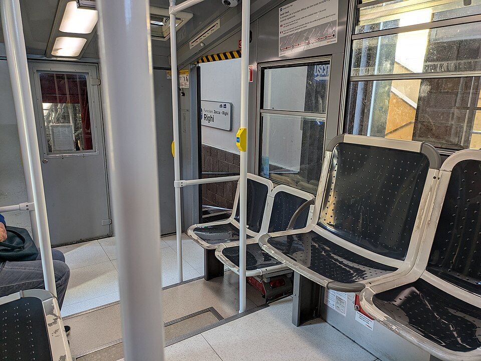 Inside a funicular cabin on the Zecca–Righi line, seats along the slope