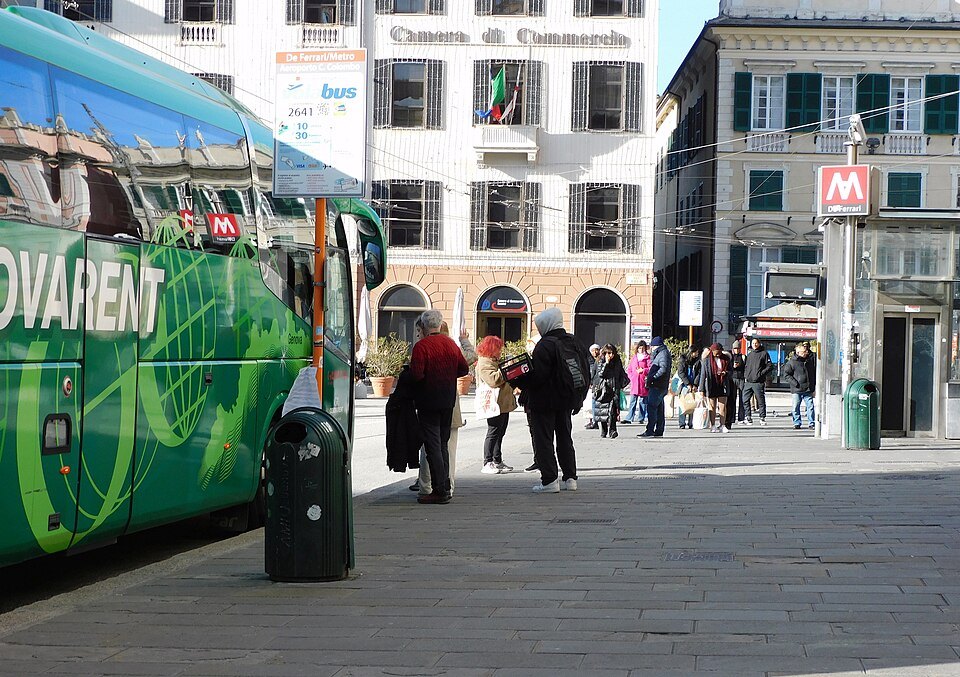 The metro entrance on Piazza De Ferrari, beside the trees