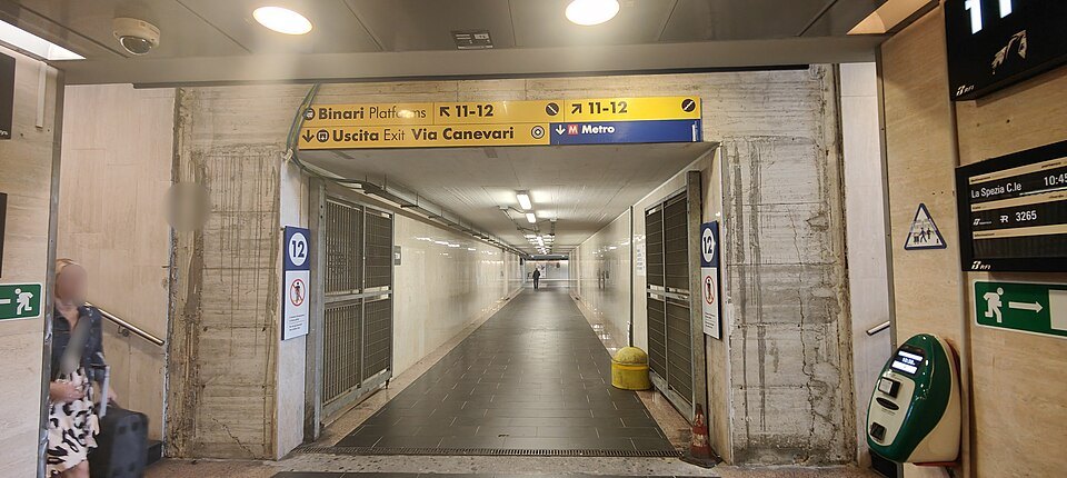 A corridor in Brignole station leading down to the metro