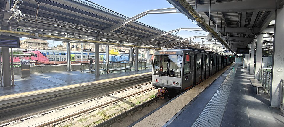 A metro train at the platform in Brignole station