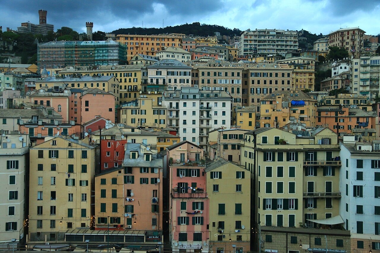 Painted houses stacked up the hillside, seen from the roof of the Galata museum