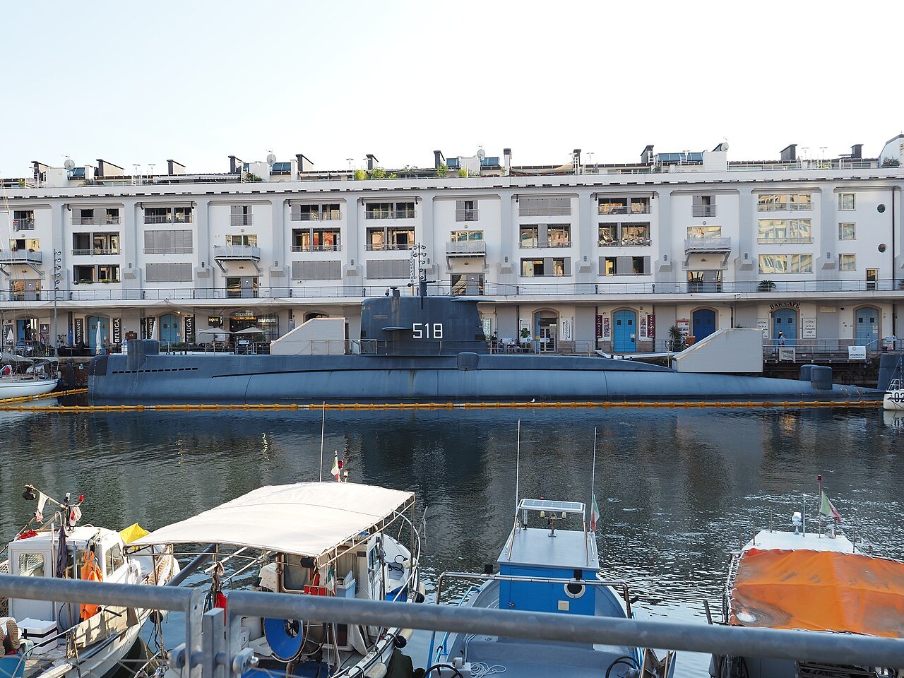 The submarine Nazario Sauro moored at the quay beside the Galata museum