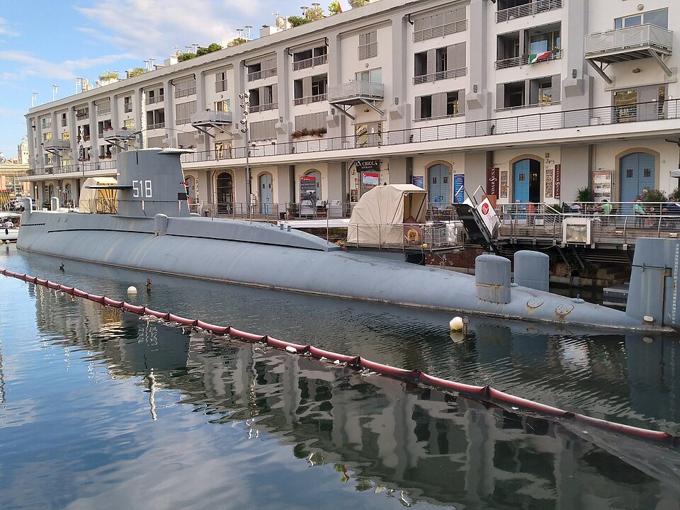 The submarine Nazario Sauro moored along the quay outside the museum