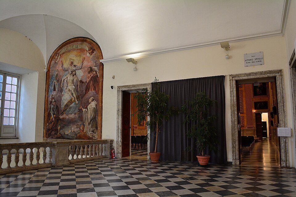 The loggia of the Palazzo Ducale, its chequered floor leading to the council hall