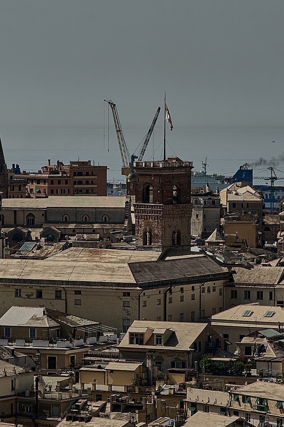 The old town from the top of the Grimaldina tower, cranes beyond