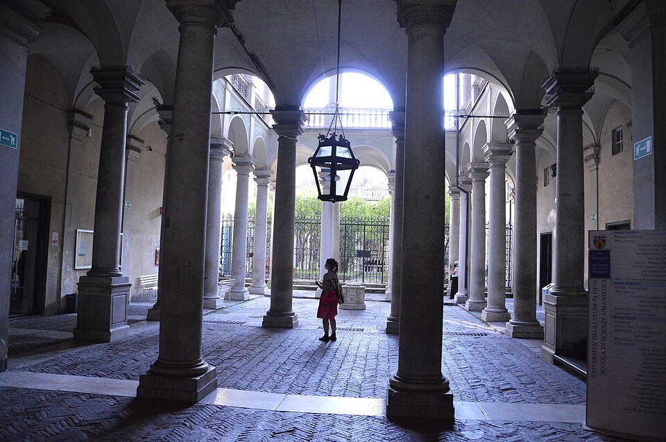 The courtyard of Palazzo Balbi-Senarega on Via Balbi, looking through the columns