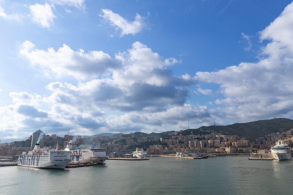 The port of Genoa from the water, cruise ships at the terminals
