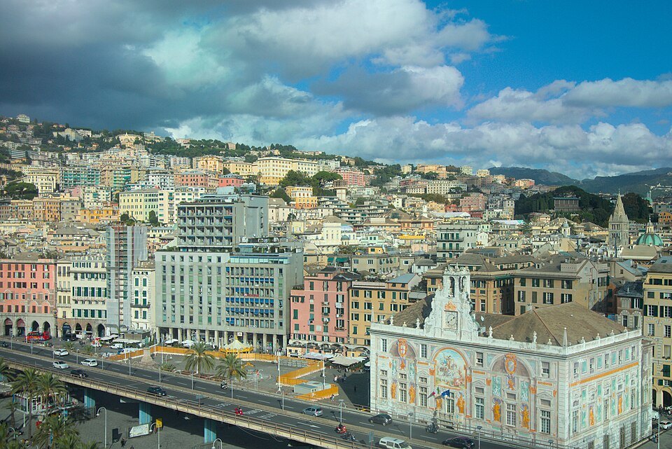 The old port and the painted fronts of Caricamento from the Bigo