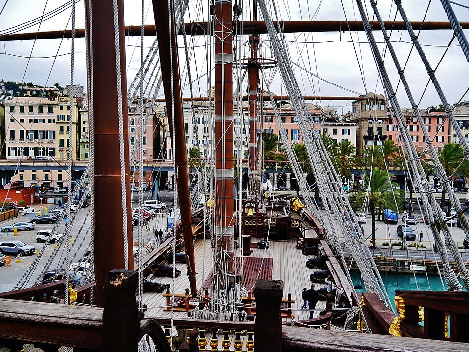 The deck and rigging of the Neptune, with the city behind