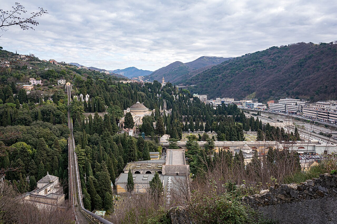 Staglieno cemetery in the Bisagno valley, its terraces stepping up the slope