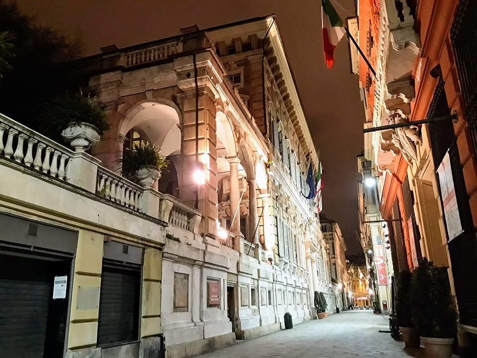 Palazzo Doria Tursi at night, the street lit along Via Garibaldi
