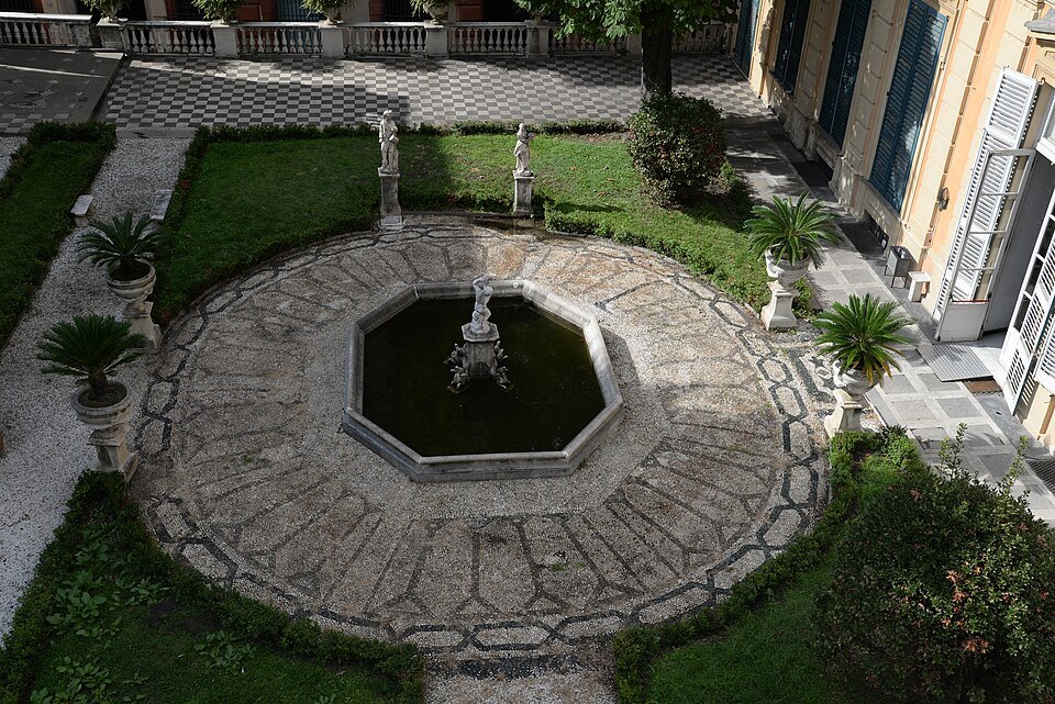 The formal garden of Palazzo Bianco laid out below the palace windows